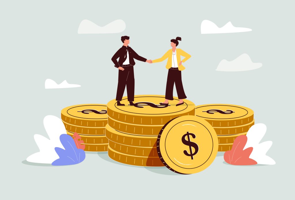 Salary negotiation, pay raise discussion or wages and benefit agreement, business deal or merger and acquisition concept, business people handshake on pile of money banknote after finish agreement.